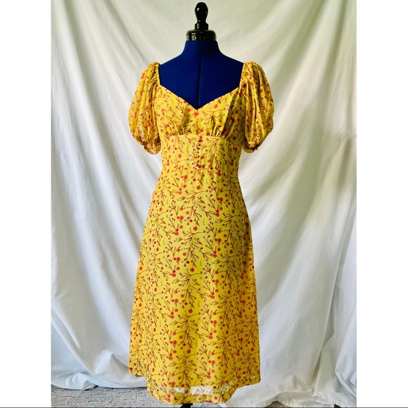 J.O.A. Dresses & Skirts - JOA Yellow Cottagecore Balloon Sleeve Midi Dress